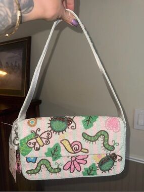 Beaded Pastel Garden Shoulder Bag in Pink and Green